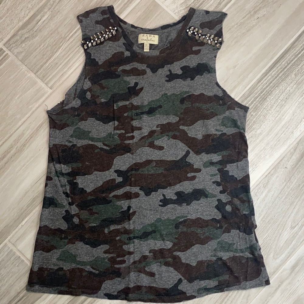 Zara Camo Sleeveless Top With Rhinestones Size Small